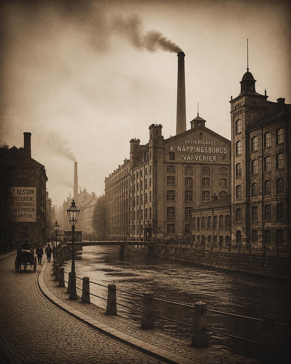 Historiskt sepiafoto av Norrköping med fabriksbyggnader längs Motala ström